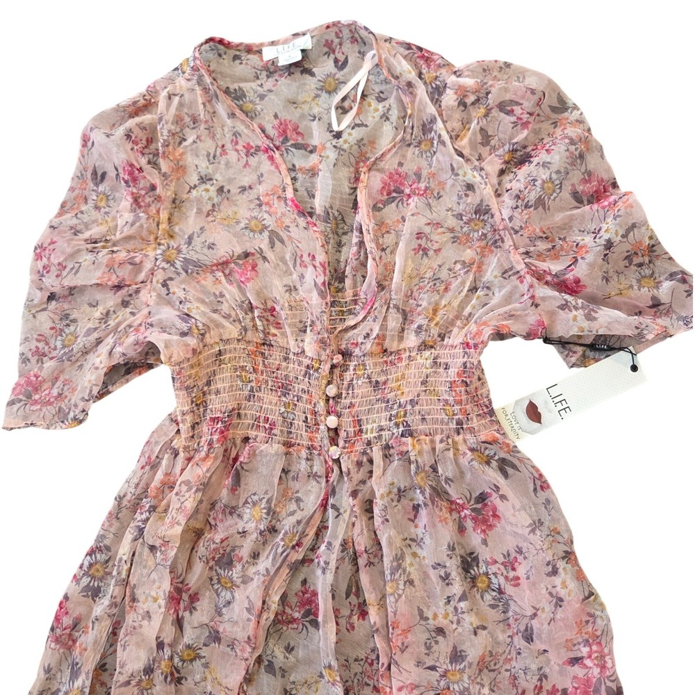 L.I.F.E. Floral Maxi Dress Sheer V-Neck Smocked Waist Slits Size XL - Picture 2 of 7